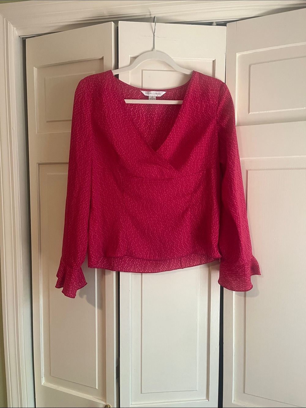 Casual Corner Fuchsia Pink Dotted Draped Cowl Neck Blouse